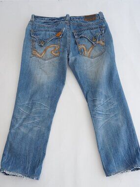 Y2K Rivet De Cru Blue Faded Whiskered Distressed Bootcut Denim Jeans Size 38